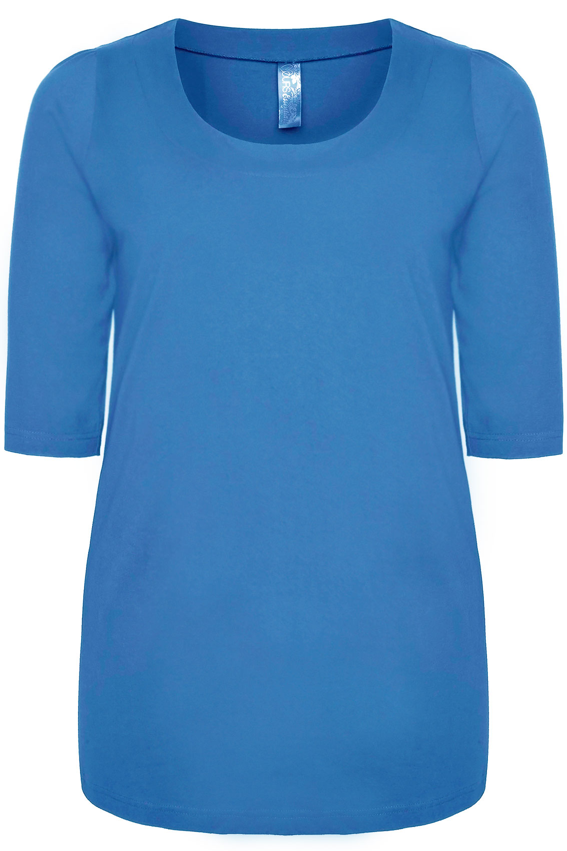 Cornflower Blue Band Scoop Neckline Basic T-shirt With 3/4 Sleeves Plus ...