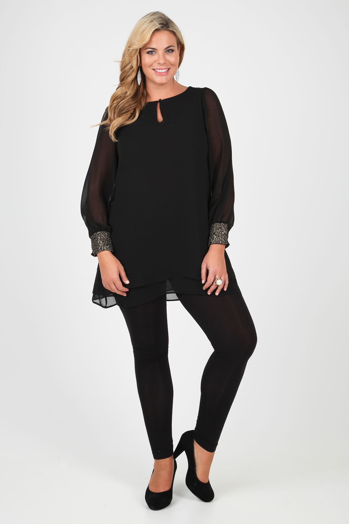 Black Double Layered Chiffon Tunic With Embellished Cuffs plus size 16 ...