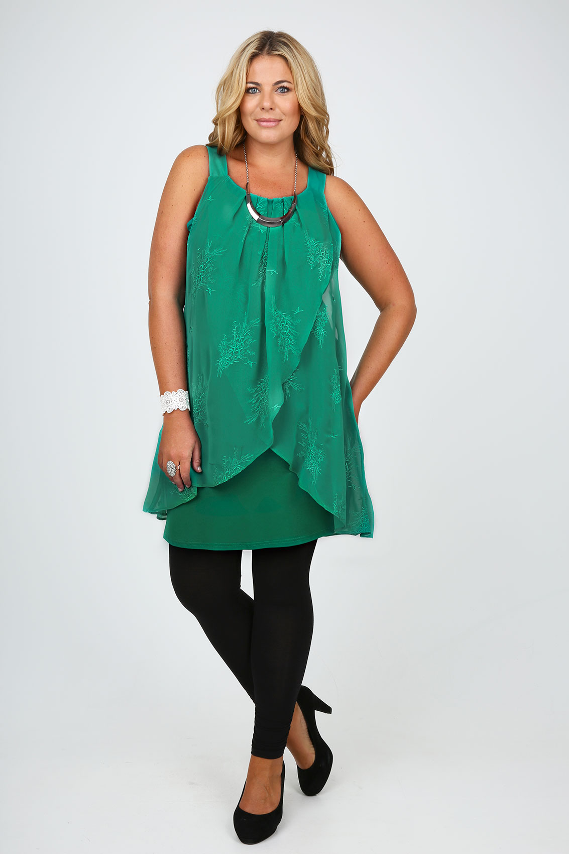 Jade Green Chiffon Overlay Tunic Dress With Floral Emboridery plus size ...