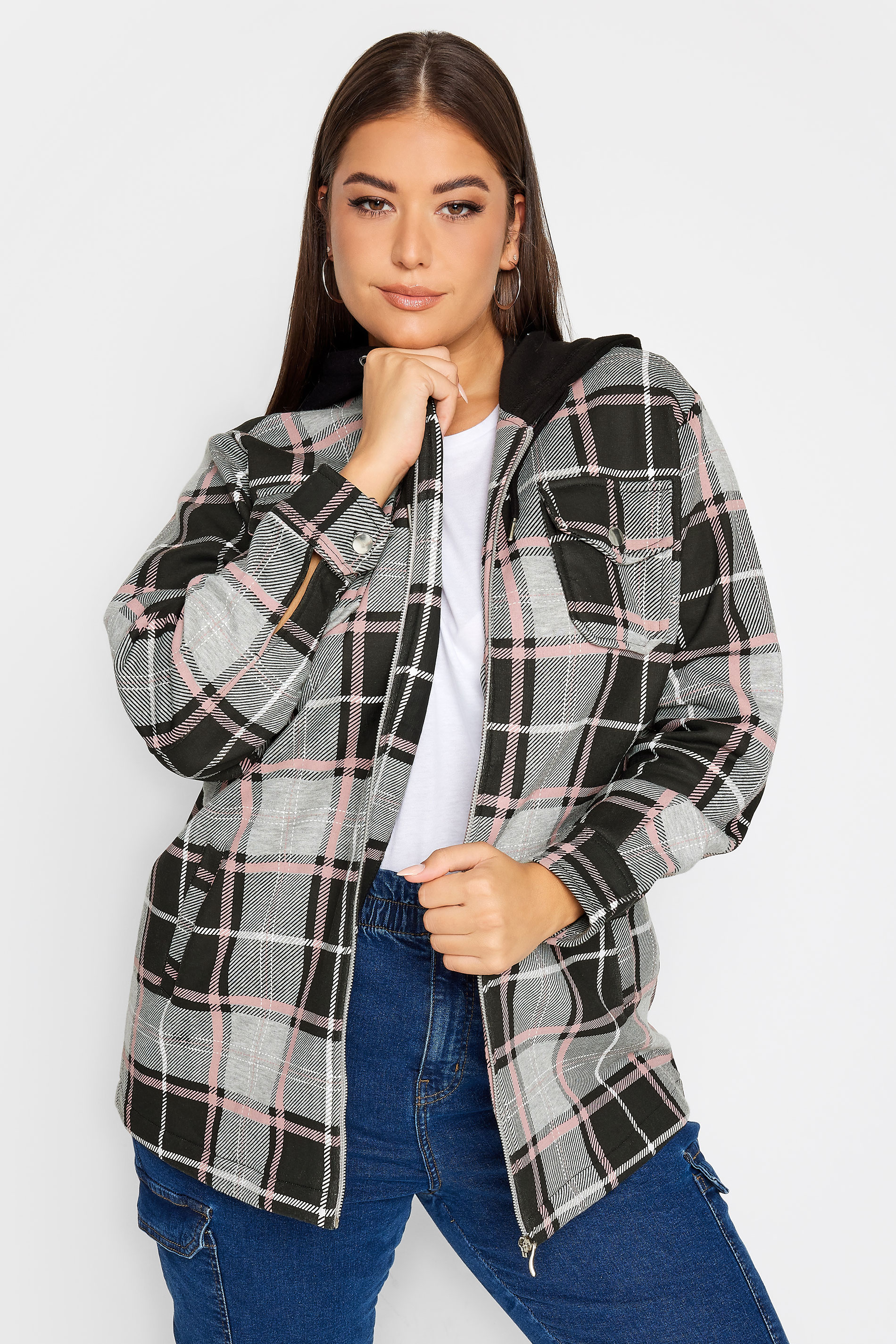 Yours Curve Black & Pink Check Hooded Shacket, Women's Curve & Plus Size, Yours