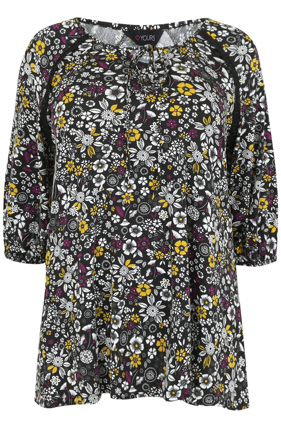 Black White & Yellow Ditsy Floral Print Top With Keyhole Tie Neckline ...