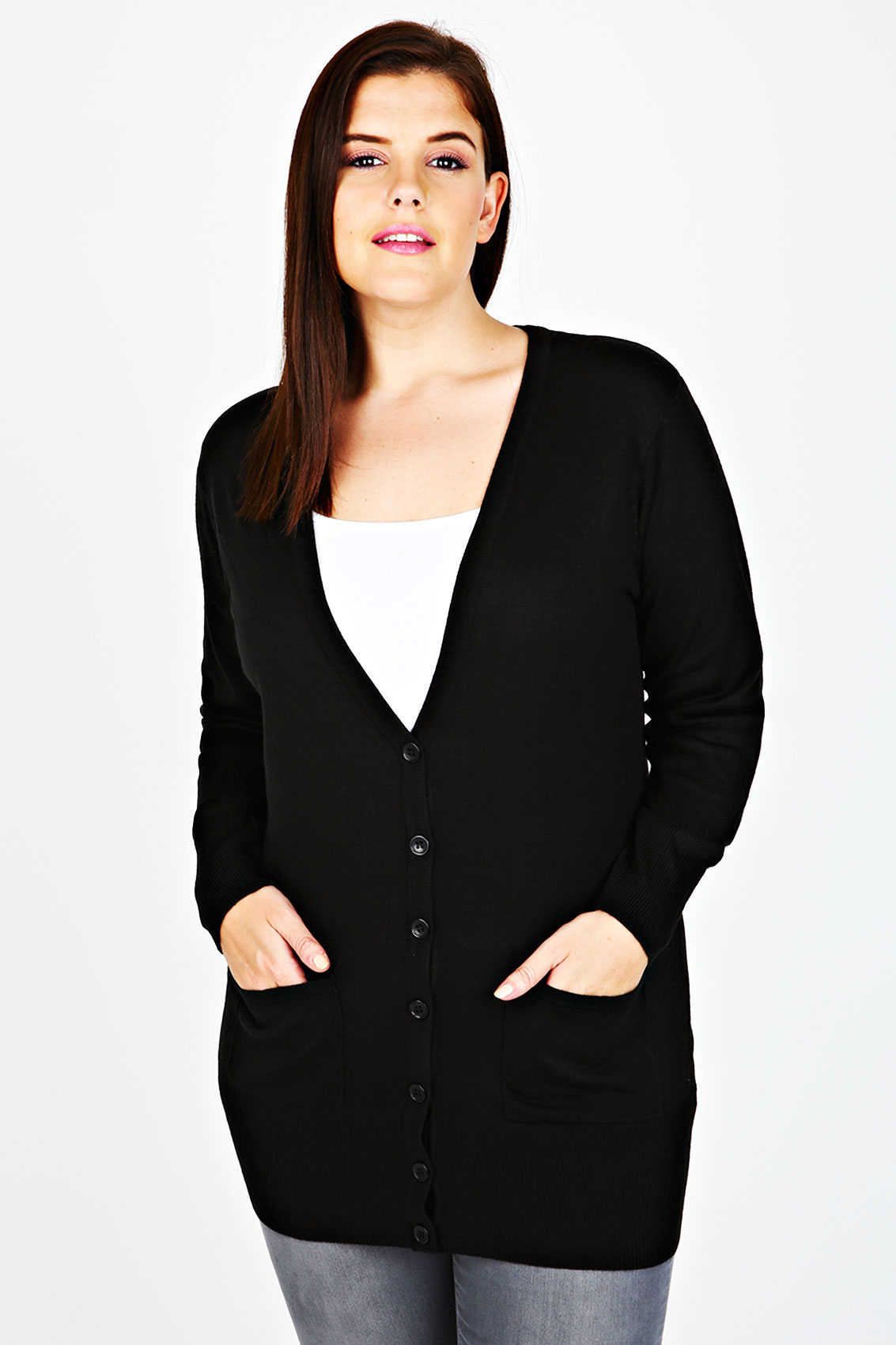 Black Super Soft Boyfriend Cardigan With Pockets plus Size 16 to 32