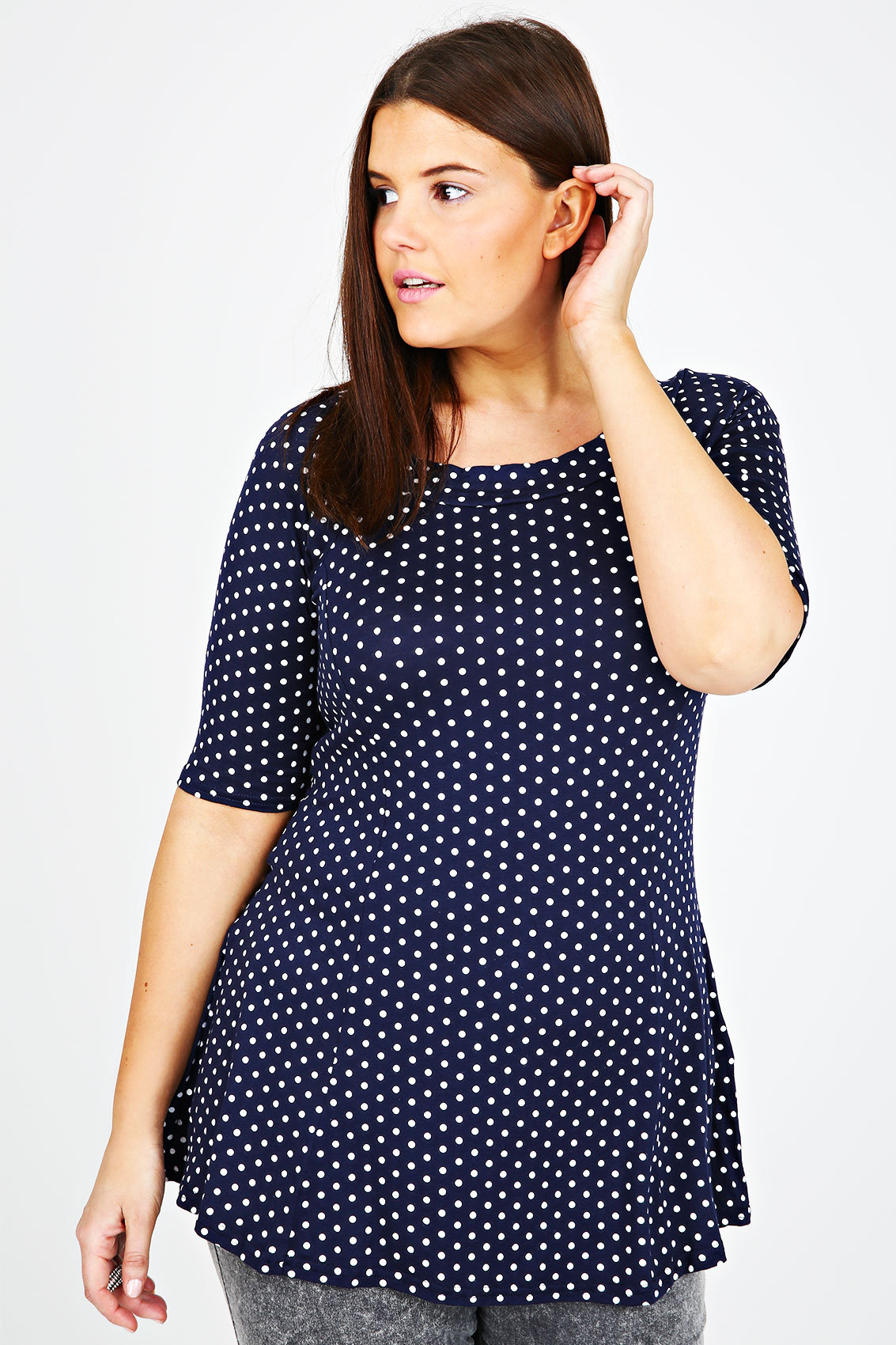 Navy and White Polka Dot Panelled Peplum Longline Top plus size 16,18 ...