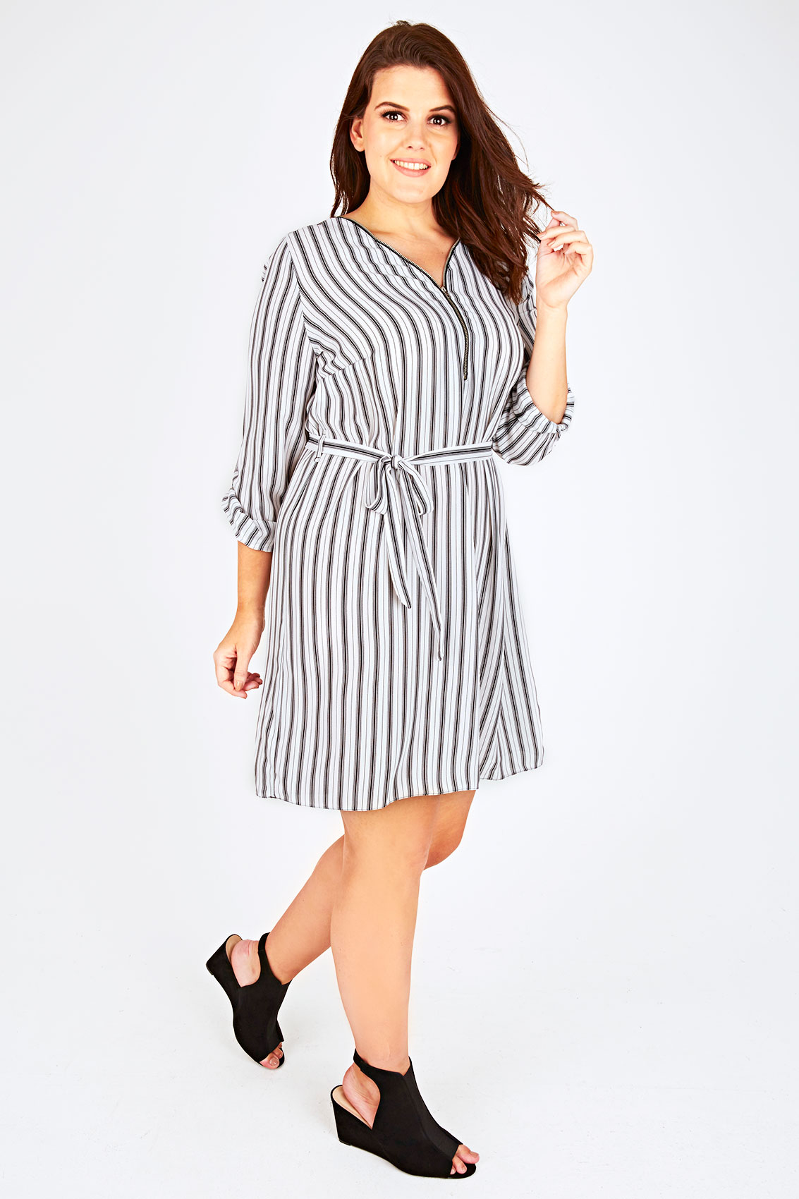 Black & White Stripe Zip Front Dress With Waist Tie Plus Size 14 to 32