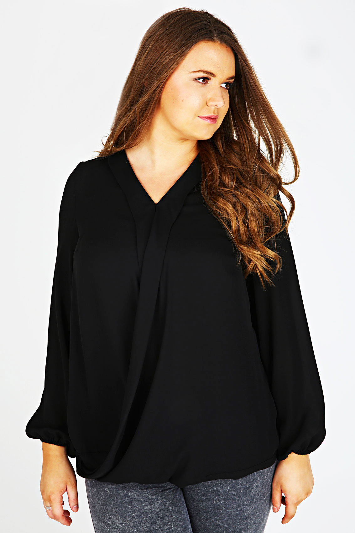 Black Chiffon Wrap Blouse With Long Sleeves Plus Size 161820222426283032 6262