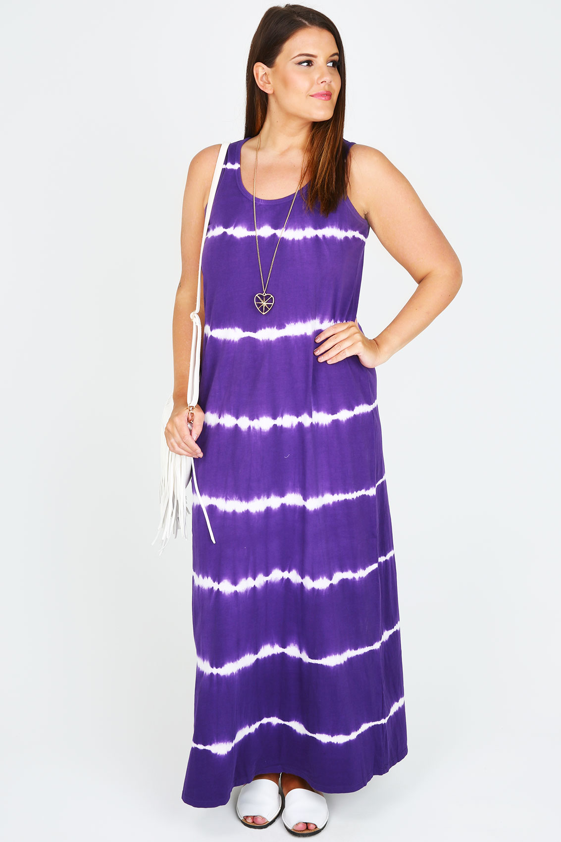 Purple Sleeveless Maxi Dress With Tie Dye Stripe Print plus Size 14 to 36