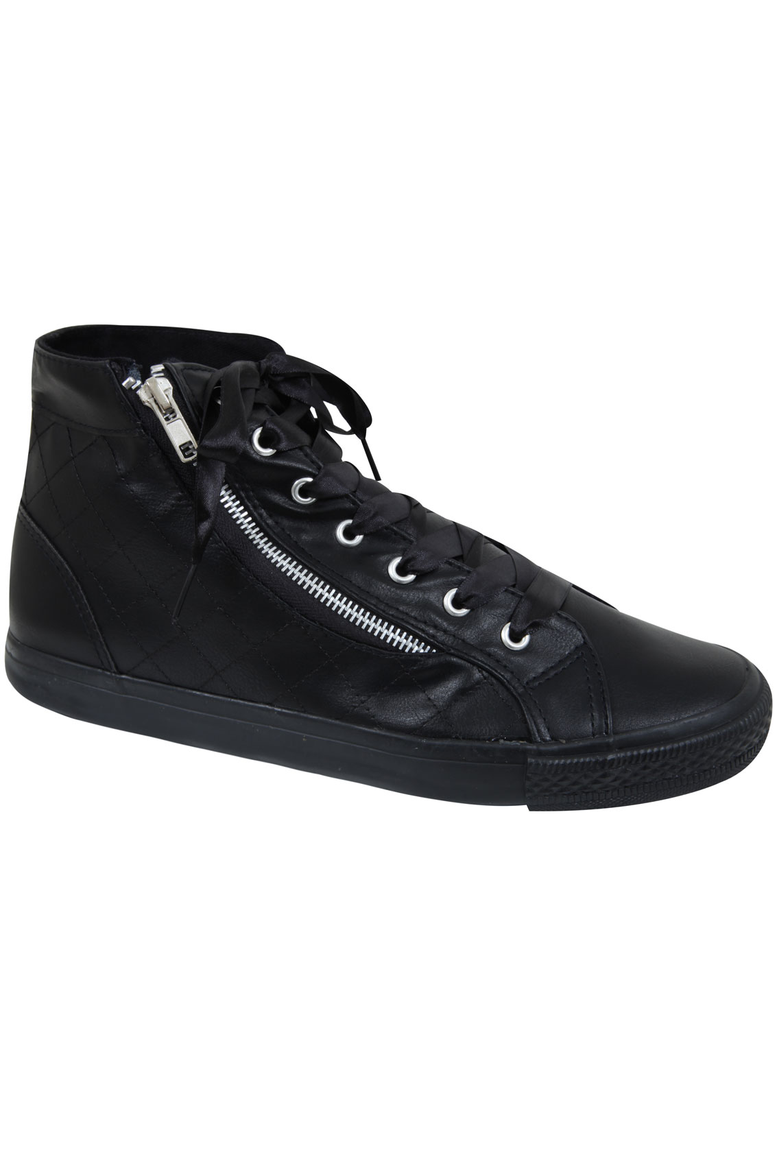 Black Faux Leather Ribbon Lace Hi Top Trainers In EEE Fit