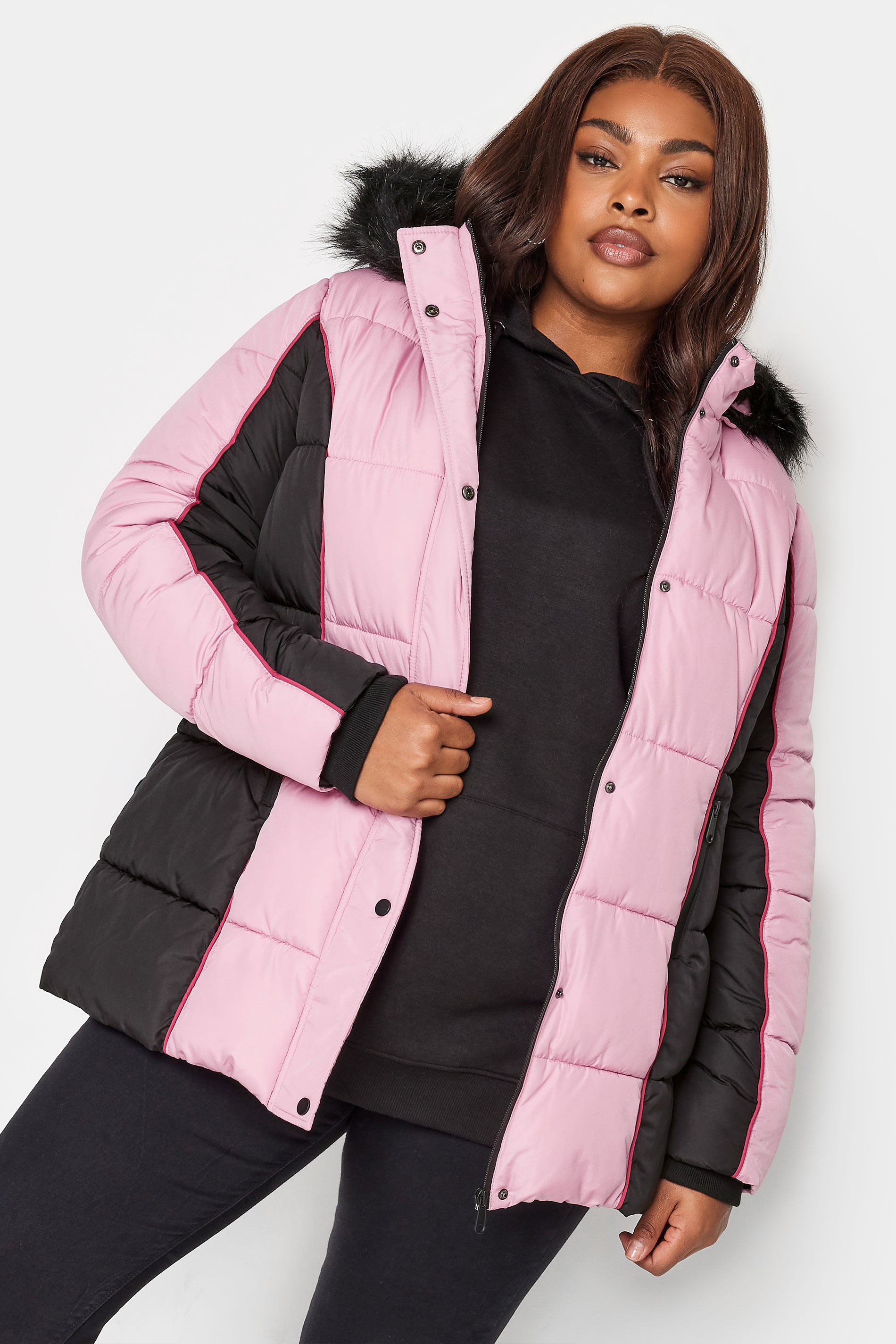 Yours Curve Pink & Black Colourblock Hooded Puffer Jacket, Women's Curve & Plus Size, Yours product