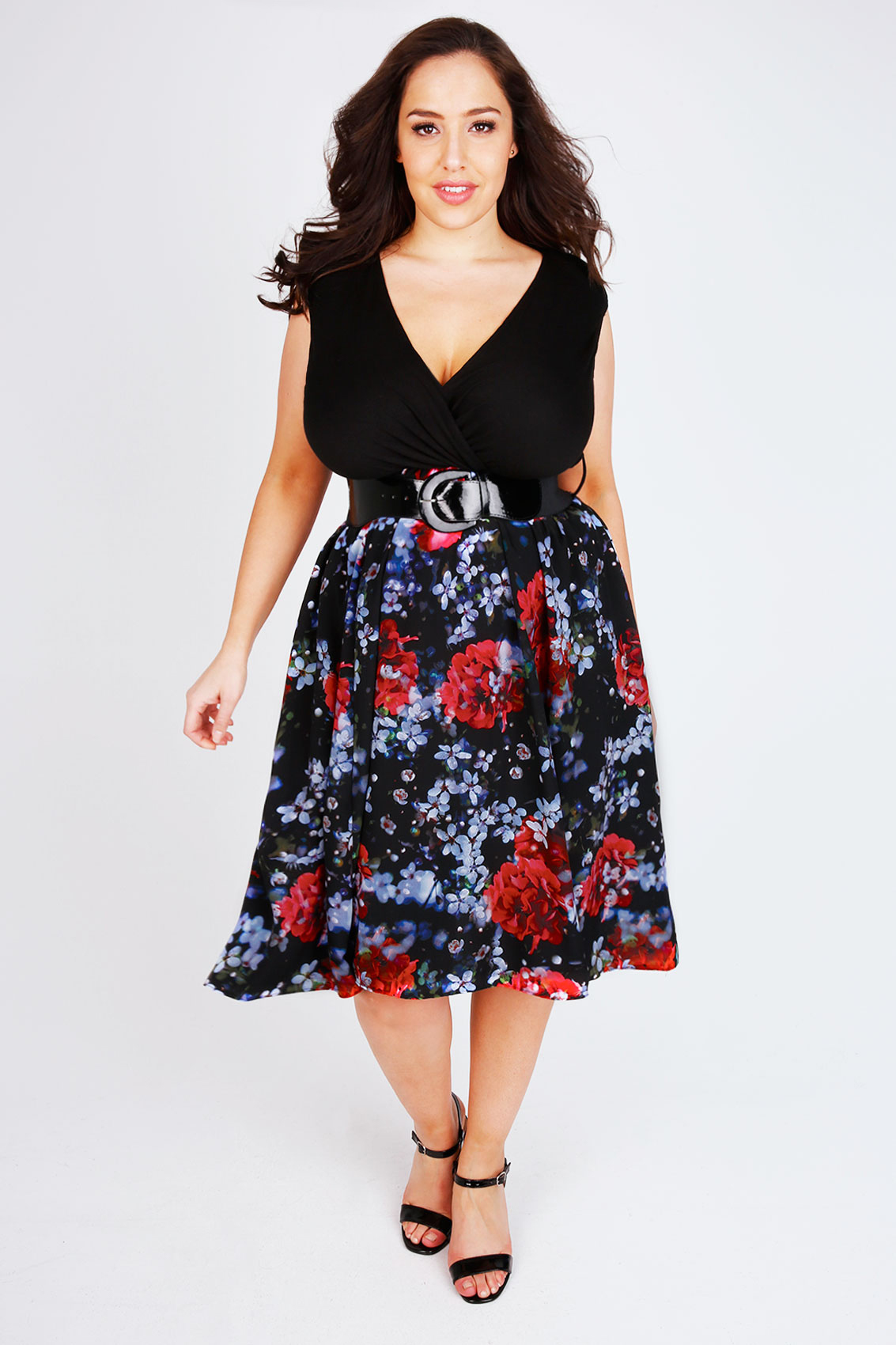SCARLETT & JO Black and Red Floral Print Sleeveless 2 in 1 Dress Plus ...