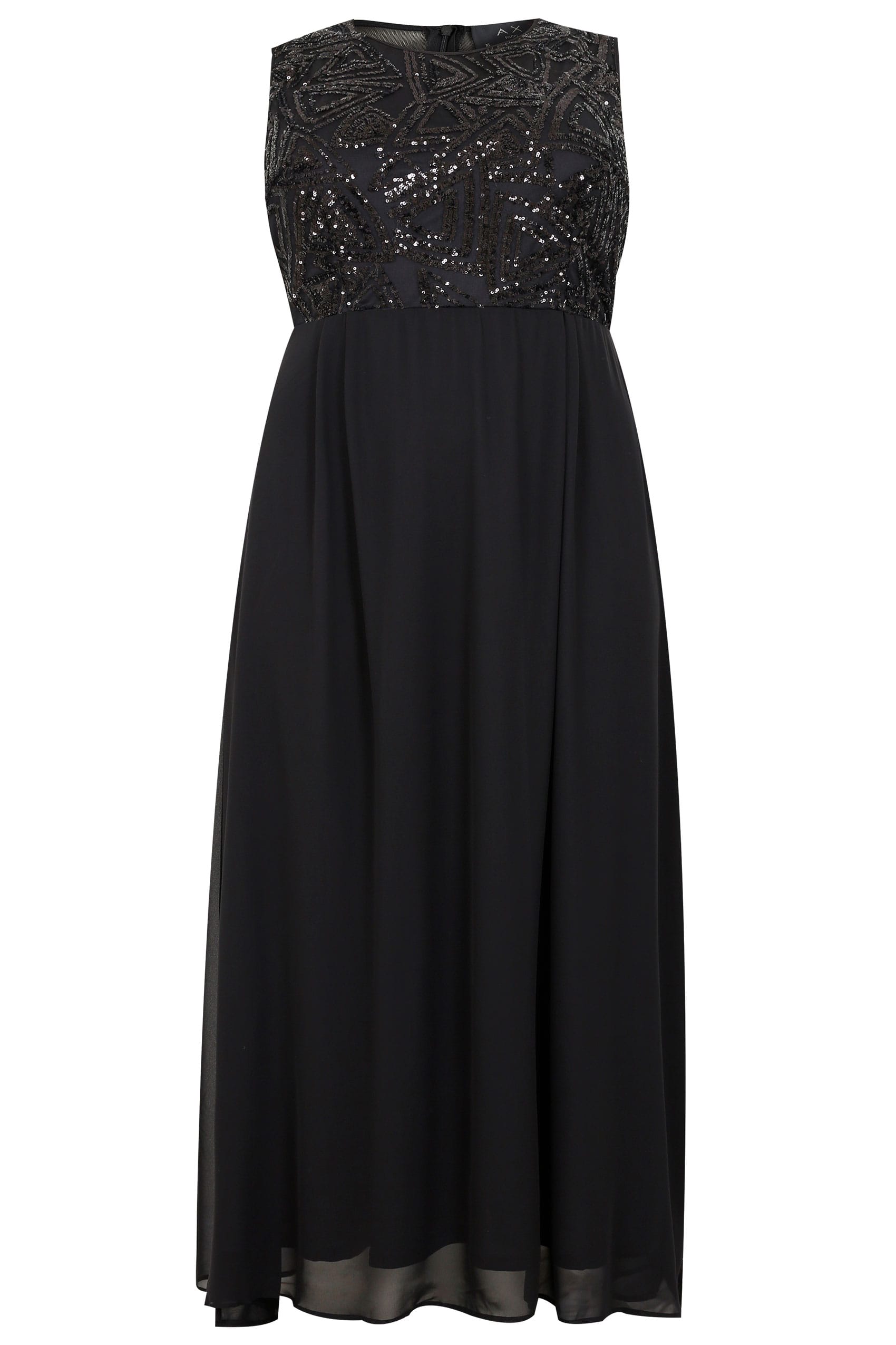 Ax Paris Curve Black Chiffon Maxi Dress With Embellished Sequin Bodice Plus Size 16 To