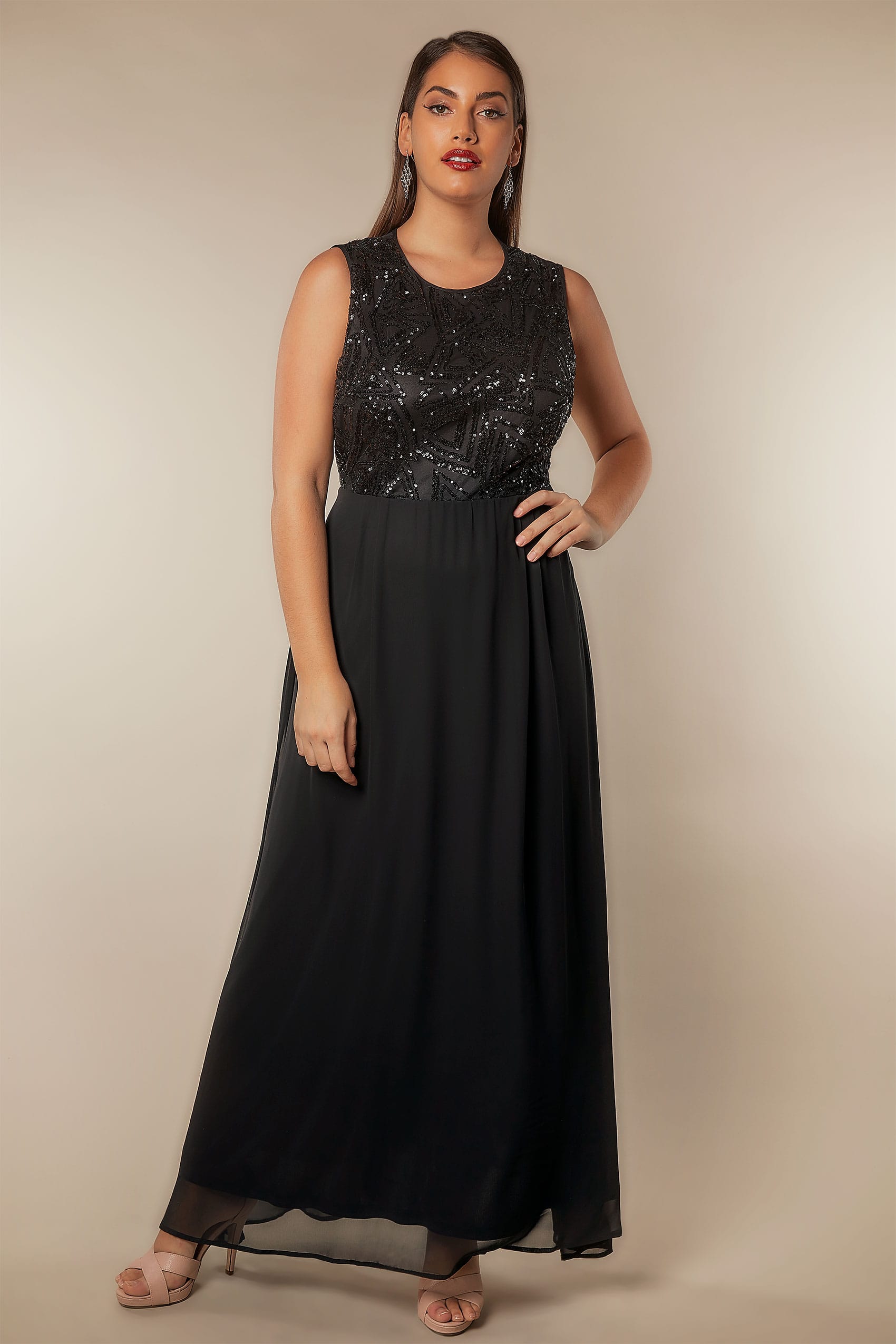AX PARIS CURVE Black Chiffon Maxi Dress With Embellished Sequin Bodice ...