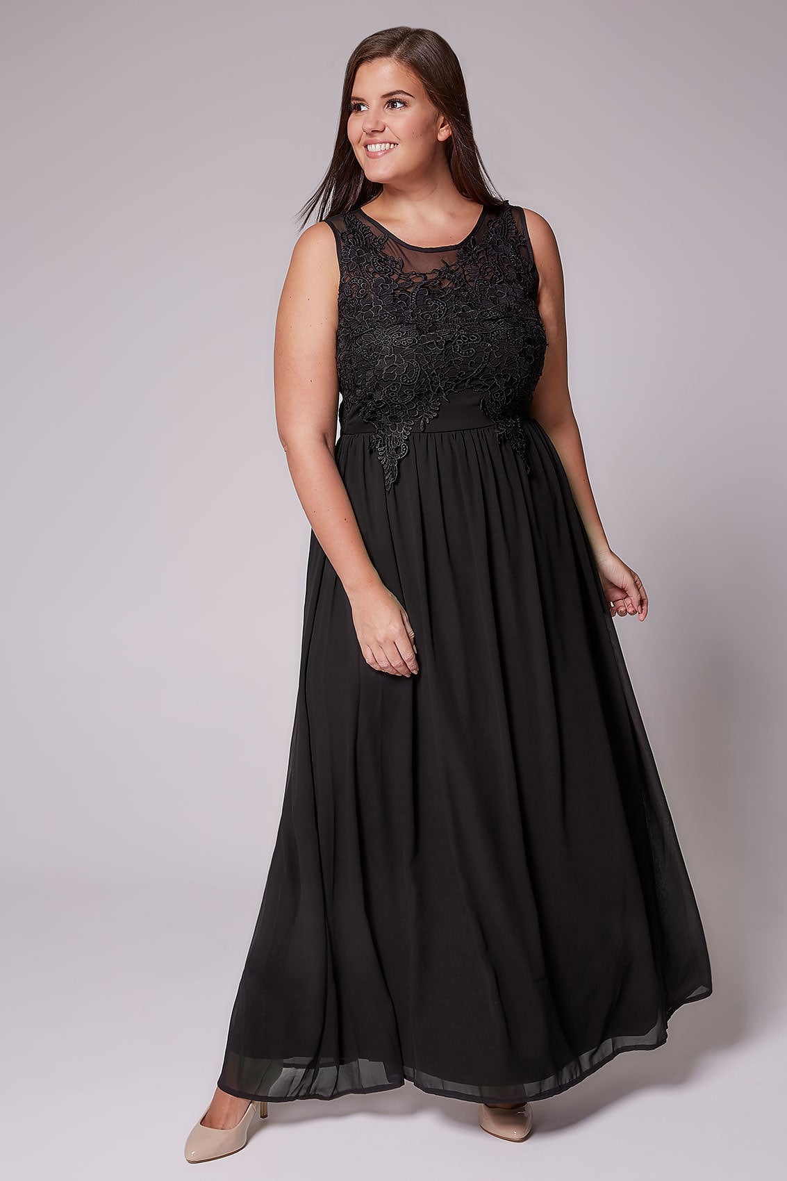 Ax Paris Curve Black Maxi Dress With Mesh Neckline And Crochet Detail 3325