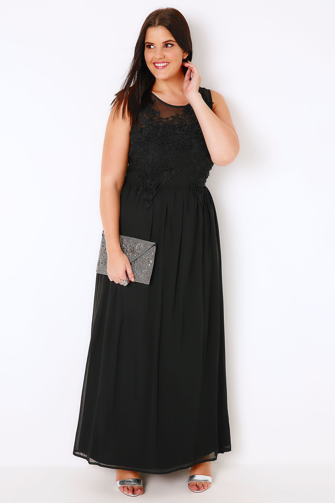 AX PARIS CURVE Black Maxi Dress With Mesh Neckline & Crochet Detail ...