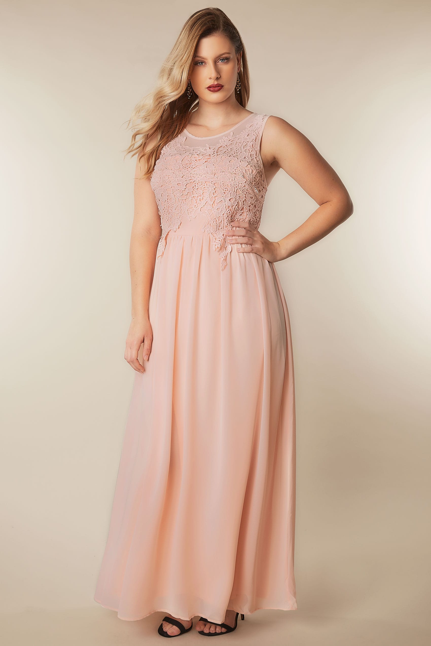 AX PARIS CURVE Pink Maxi Dress With Mesh Neckline & Crochet Detail ...