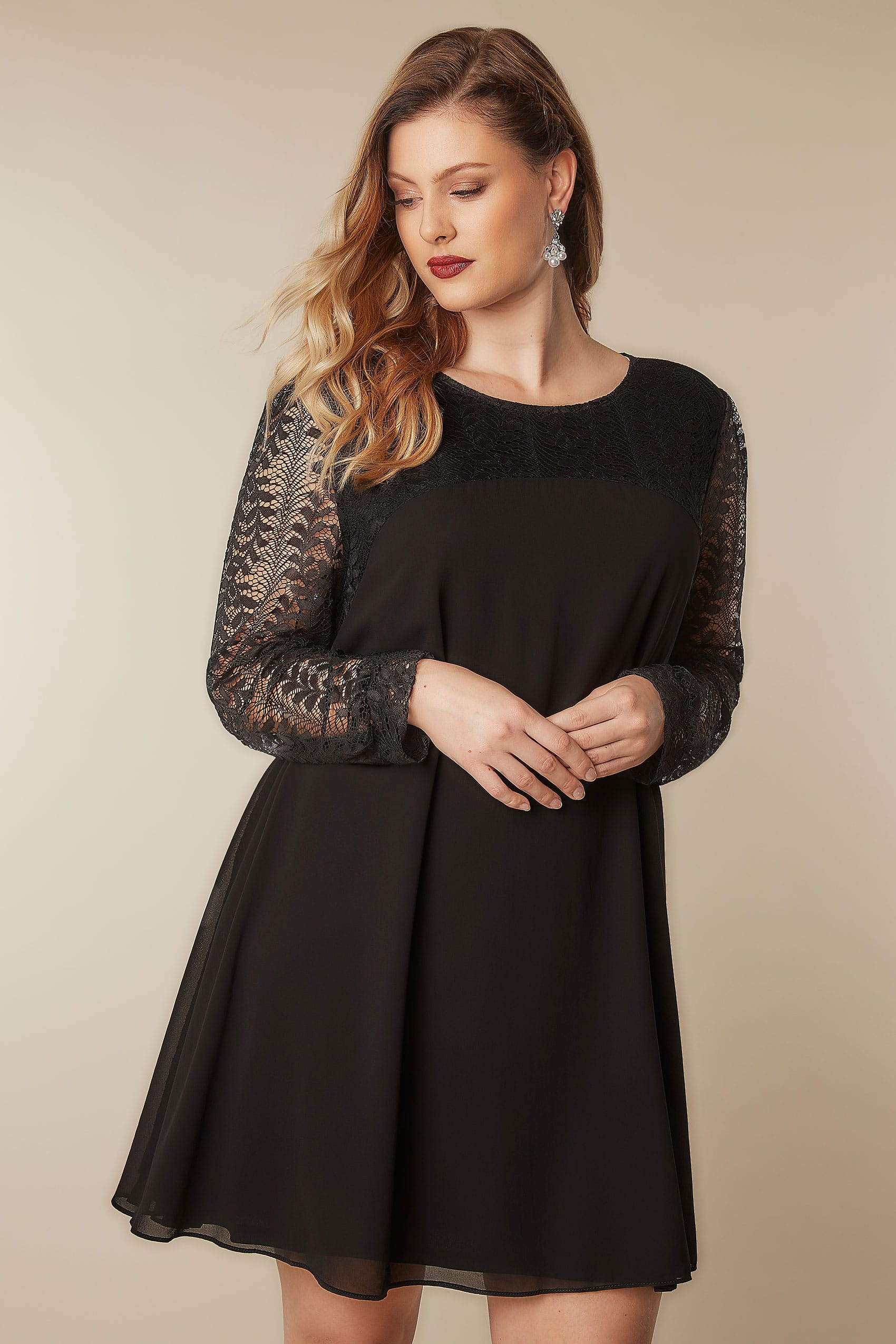 BLUE VANILLA CURVE Black Chiffon Tunic Dress With Lace Yoke & Sleeves ...