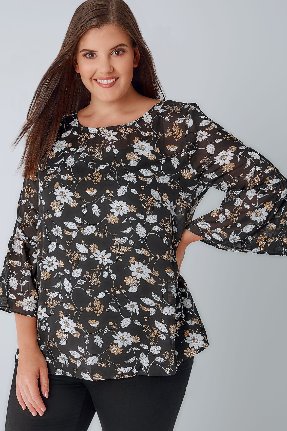 Blue Vanilla Curve Black Floral Print Chiffon Top With Flute Sleeves Plus Size 18 To 28