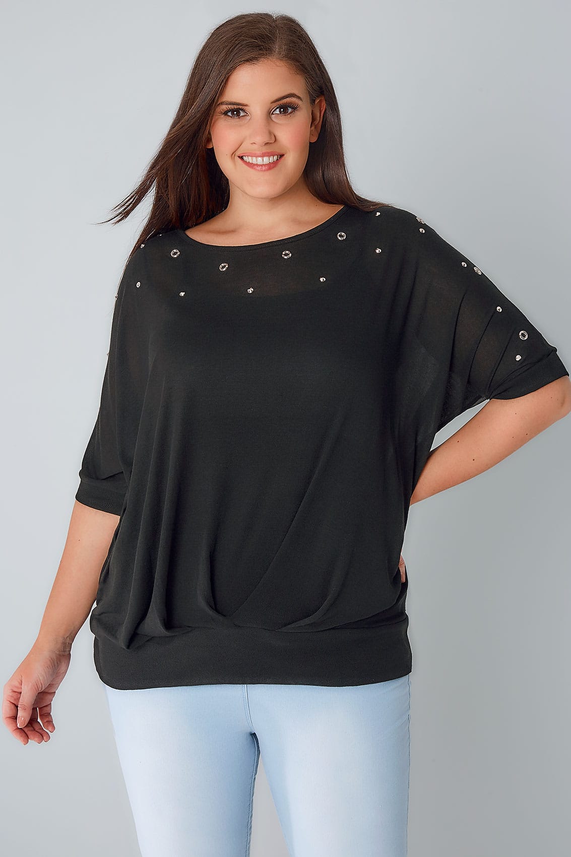 BLUE VANILLA CURVE Black Top With Eyelet Detail, Plus size 18 to 28