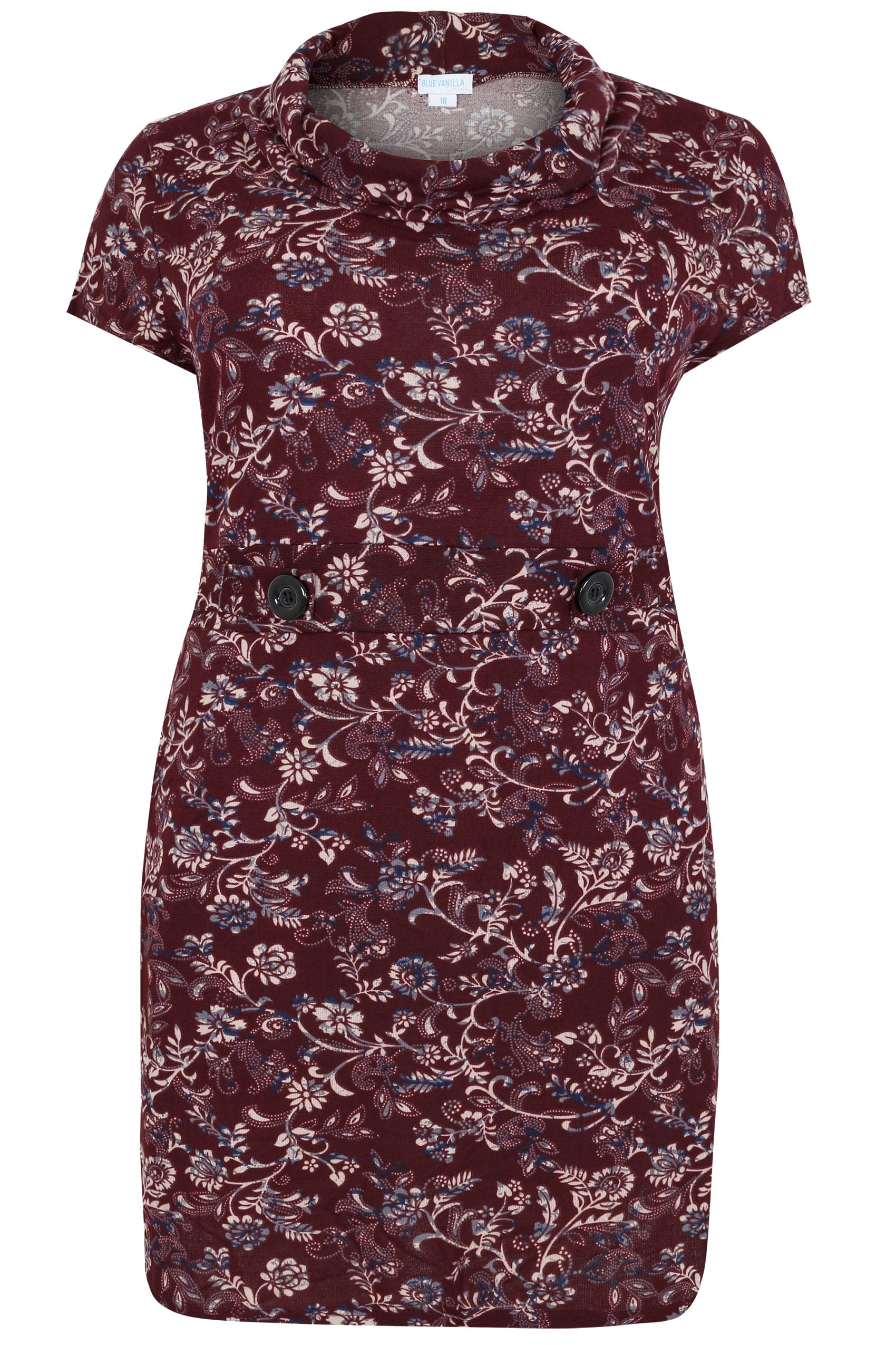 BLUE VANILLA CURVE Burgundy Floral Print Textured Dress With Roll Neck ...