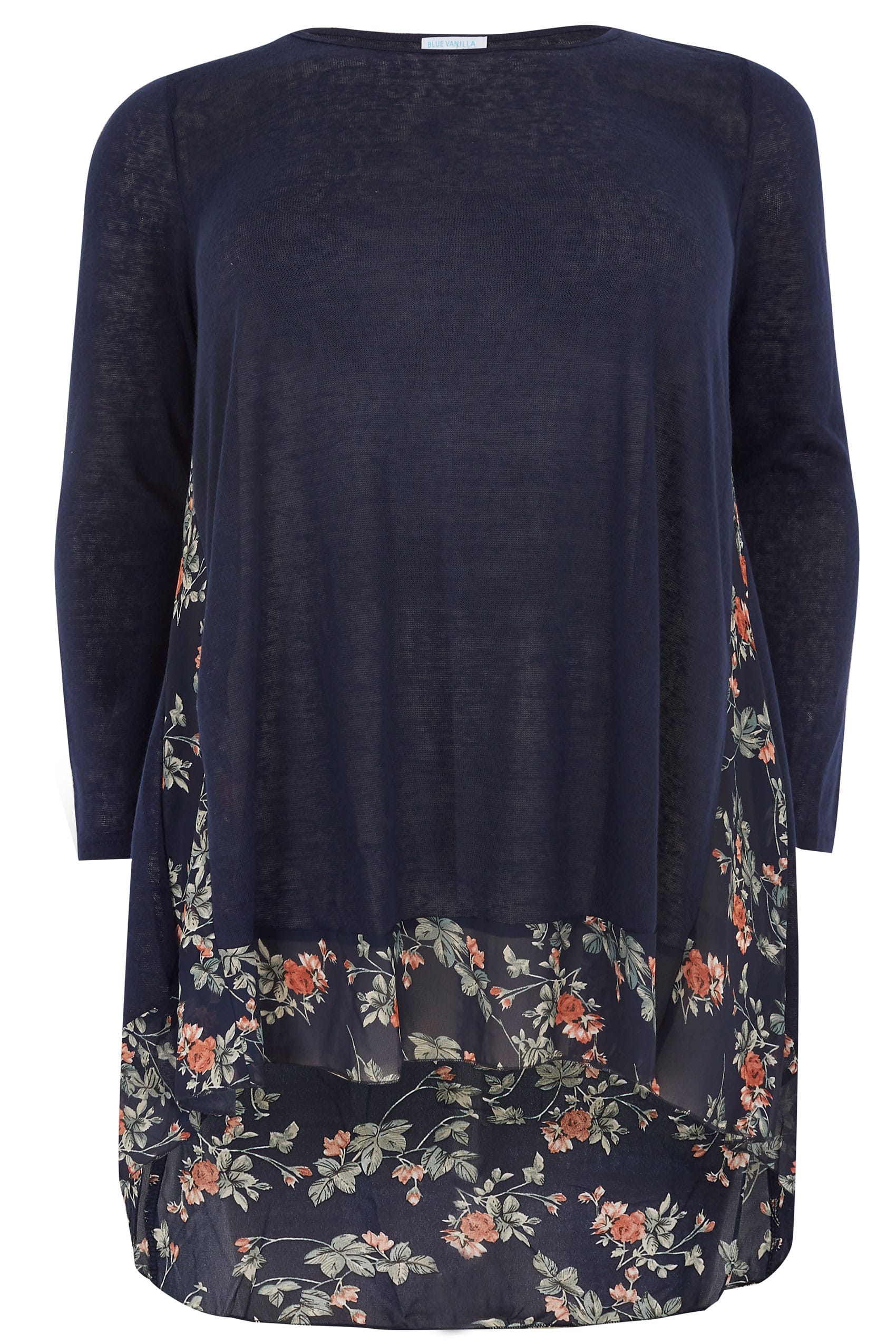 BLUE VANILLA CURVE Navy Fine Knit Longline Top With Floral Chiffon ...