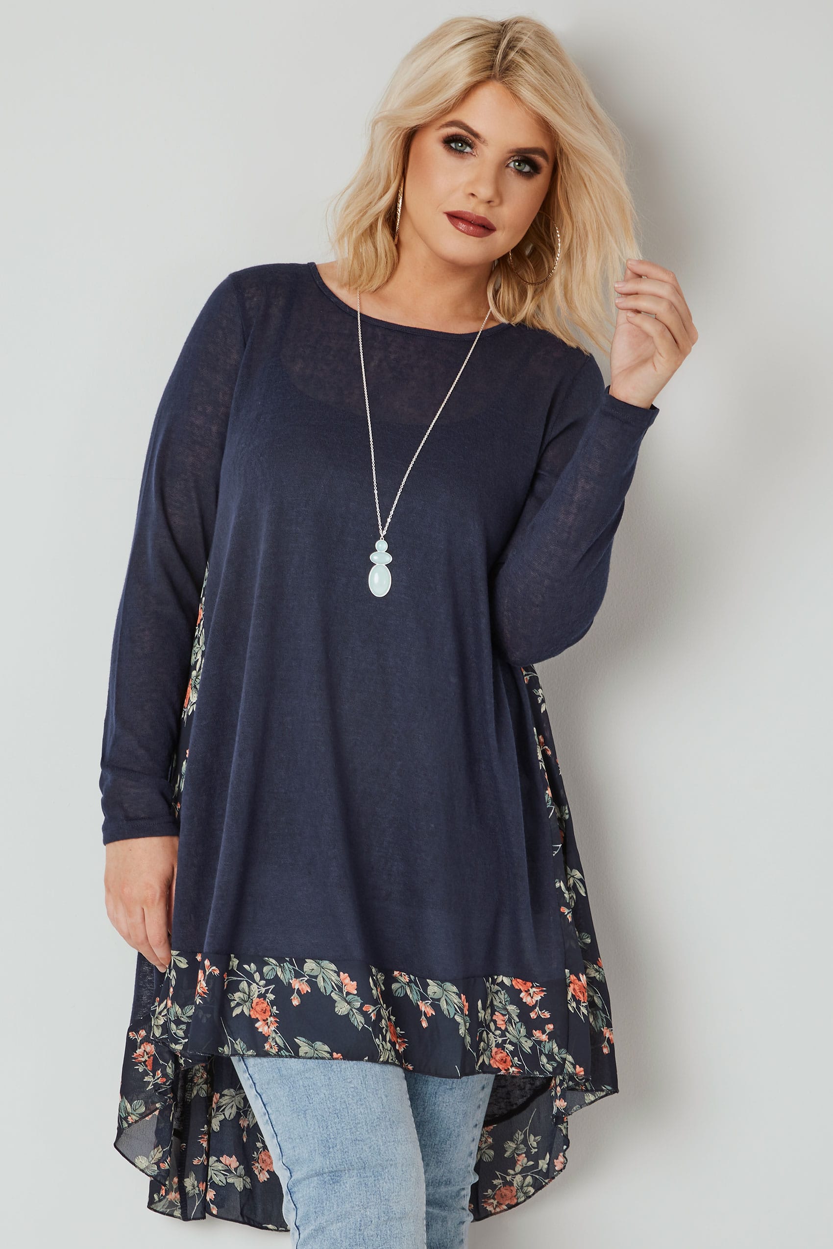 BLUE VANILLA CURVE Navy Fine Knit Longline Top With Floral Chiffon ...