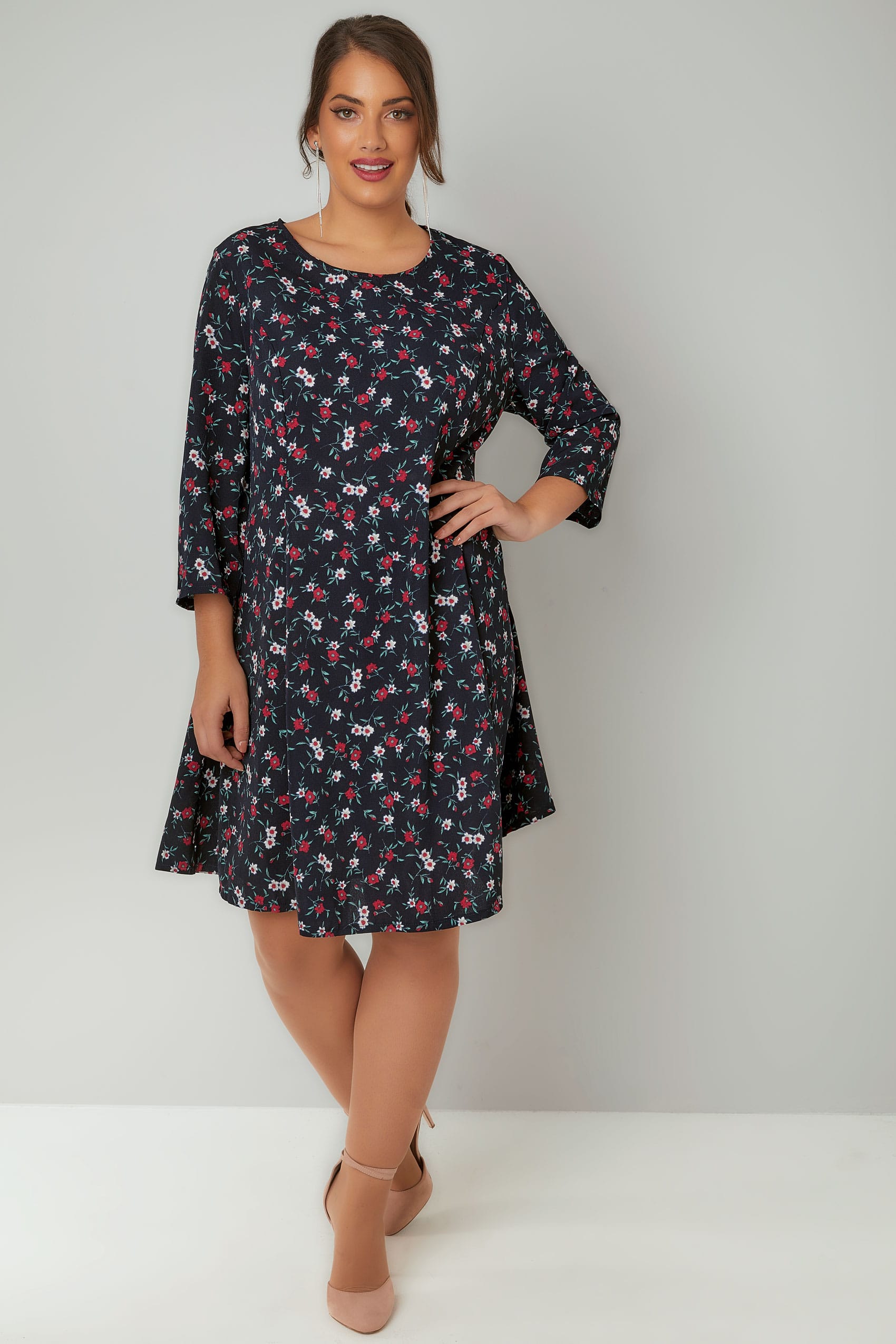 BLUE VANILLA CURVE Navy & Multi Floral Print Swing Dress With 3/4 ...