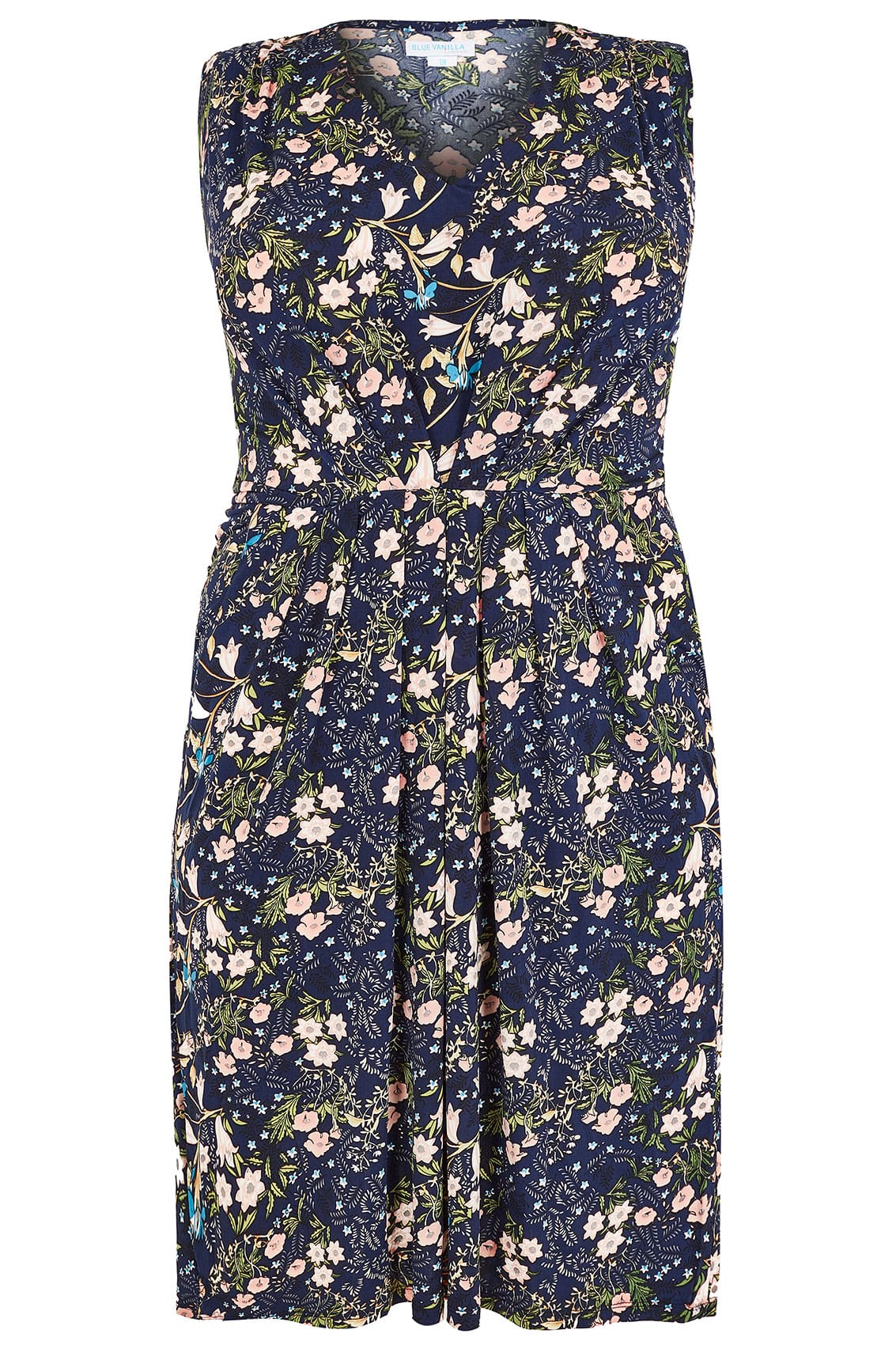 BLUE VANILLA CURVE Navy & Pink Floral Midi Pocket Dress With Pleat ...