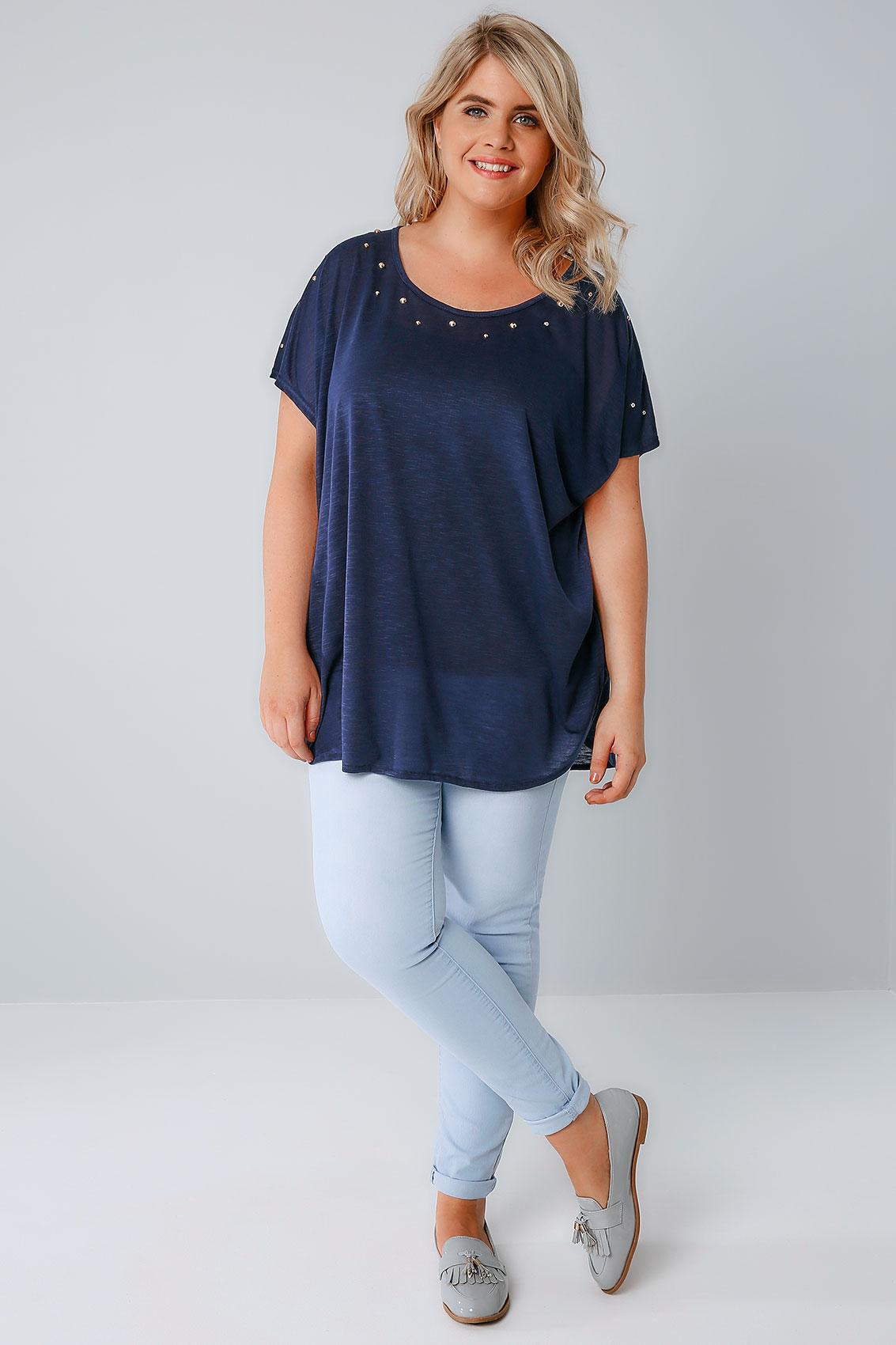 BLUE VANILLA CURVE Navy Top With Studded Neckline & Zip Back, Plus size ...