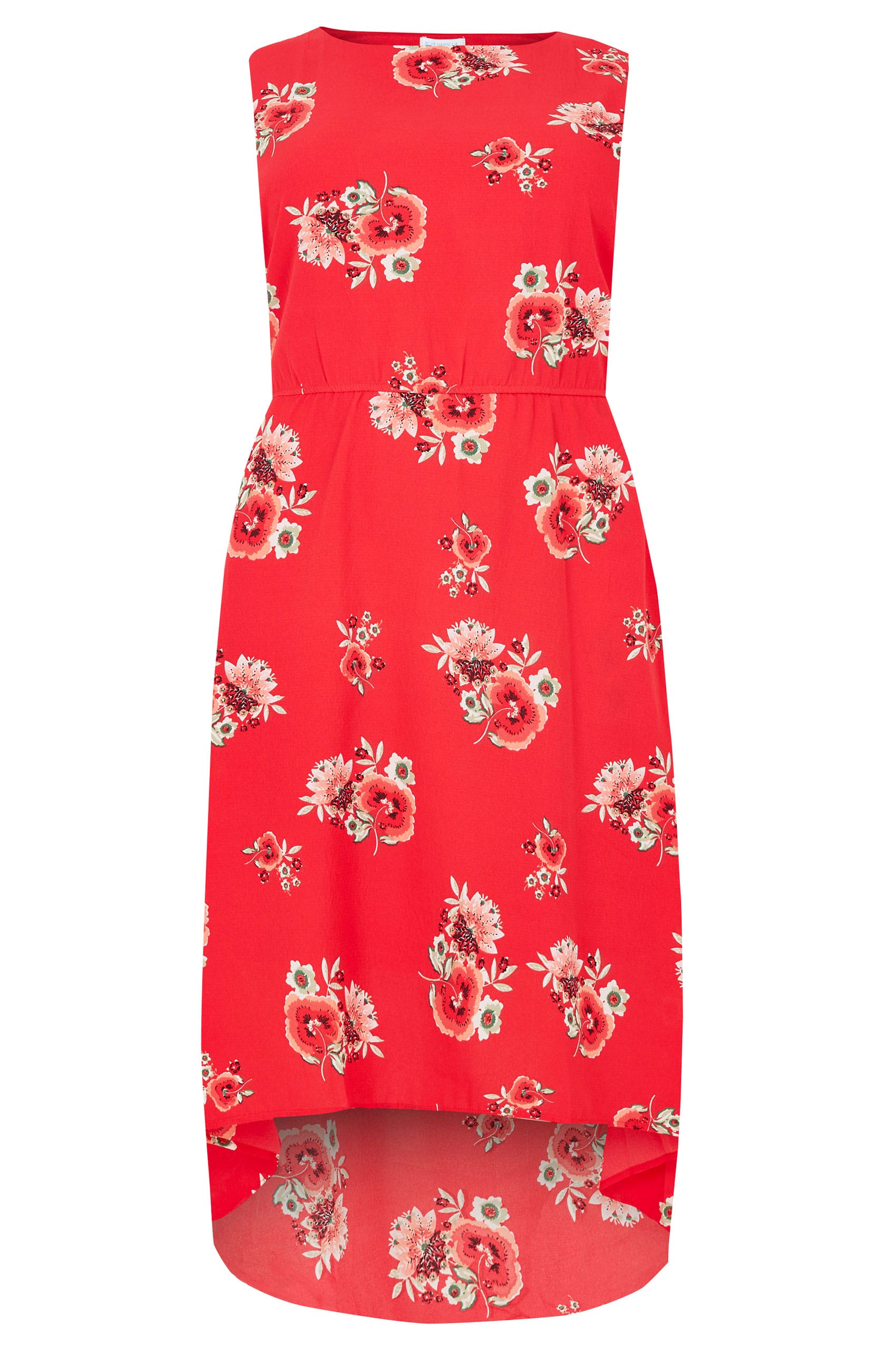 BLUE VANILLA CURVE Red Floral Print High Low Dress, plus size 16 to 36