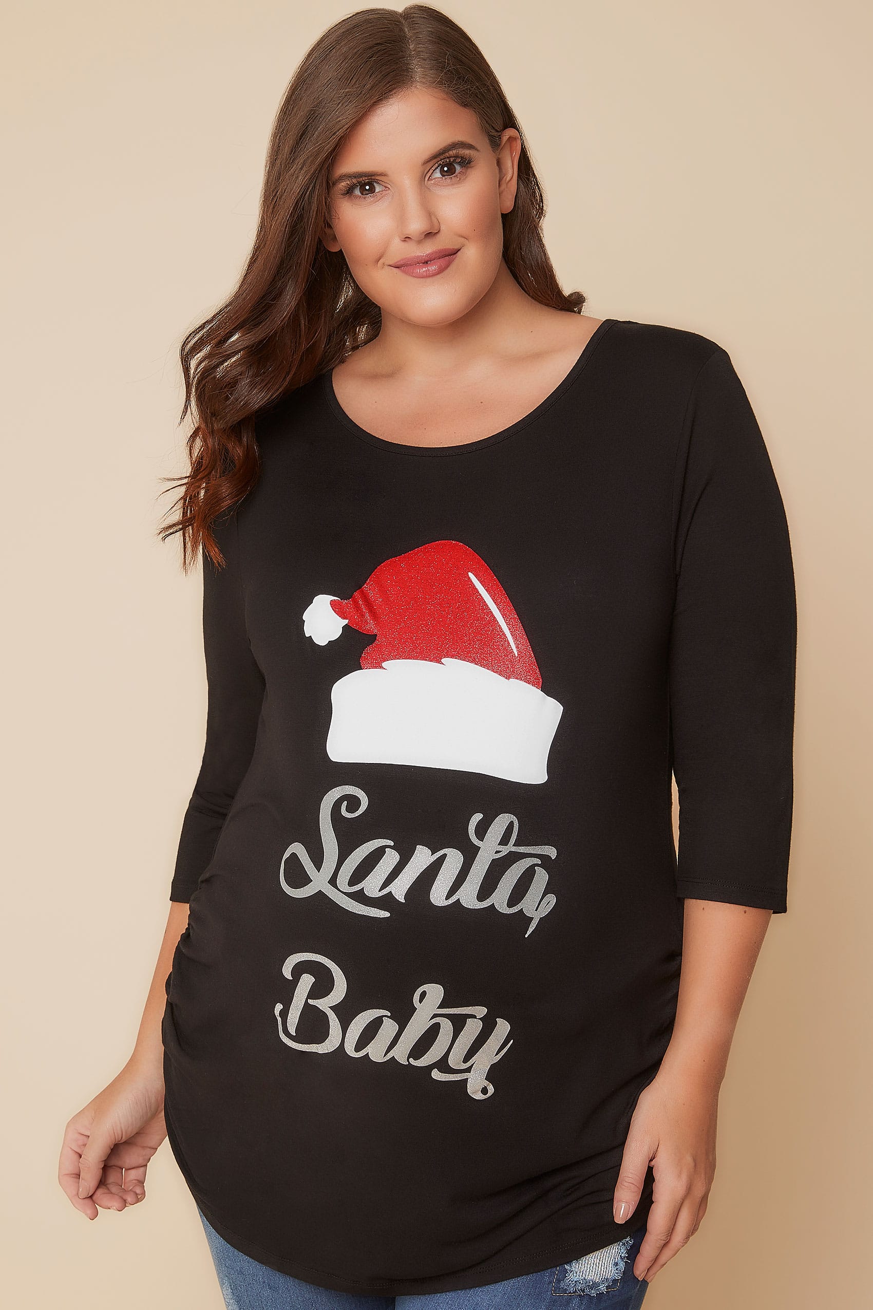 BUMP IT UP MATERNITY Black Santa Baby Slogan Print Christmas Top, Plus Christmas Shirts Maternity