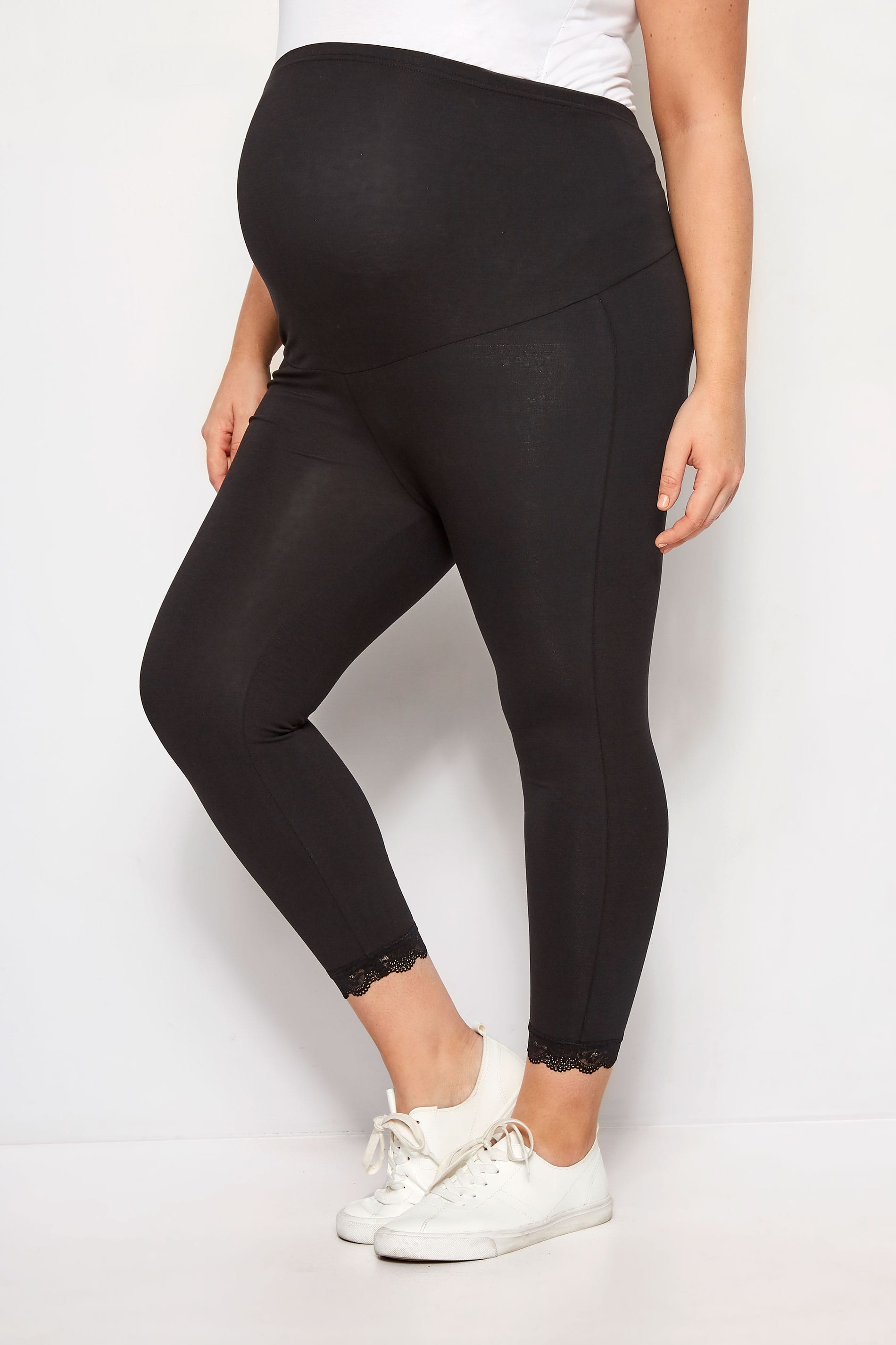 BUMP IT UP MATERNITY Black Lace Trim Crop Leggings | Plus Sizes 16 to ...
