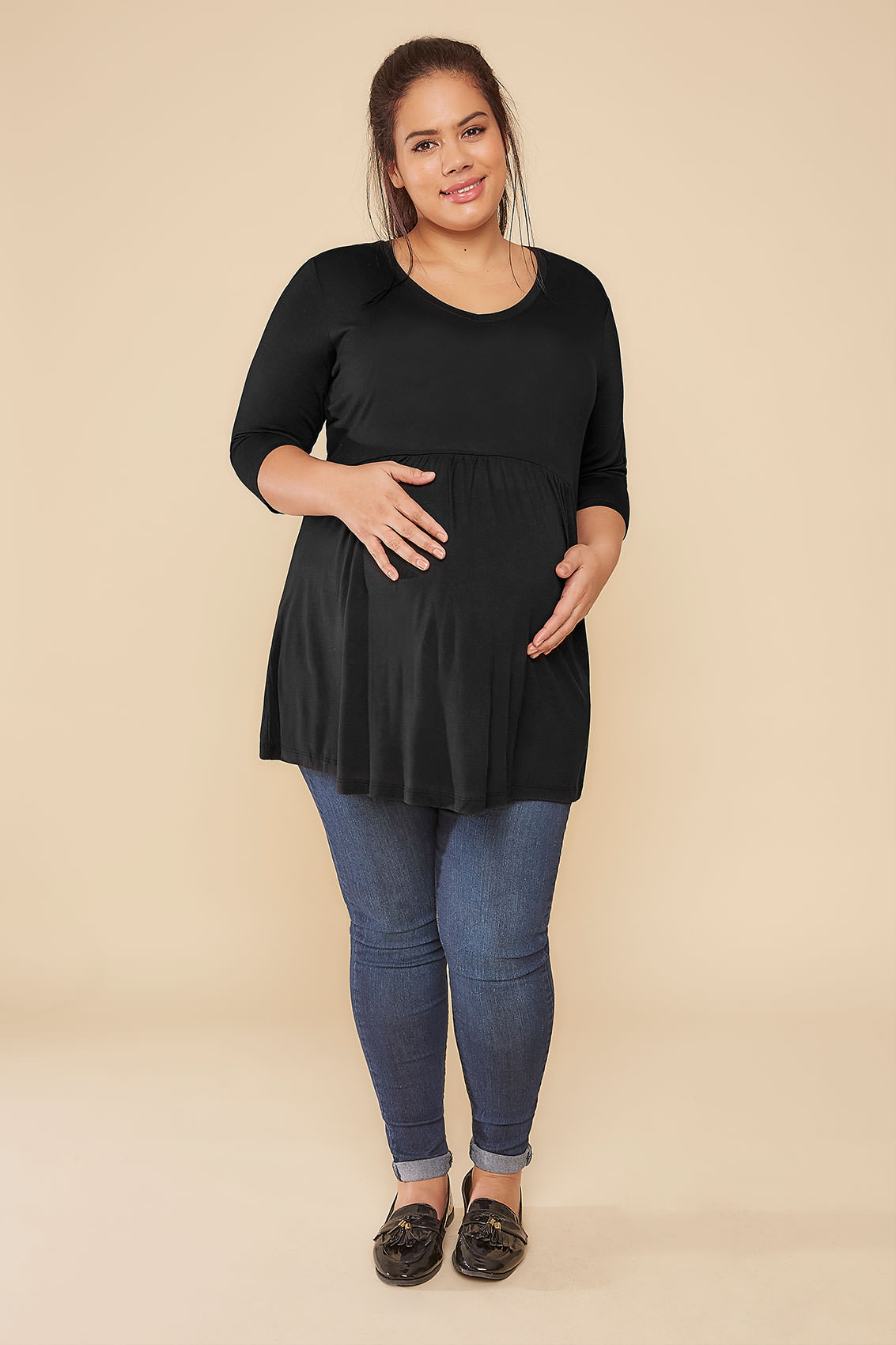 BUMP IT UP MATERNITY Black Ruched Waist Longline Top, Plus size 16 to 32