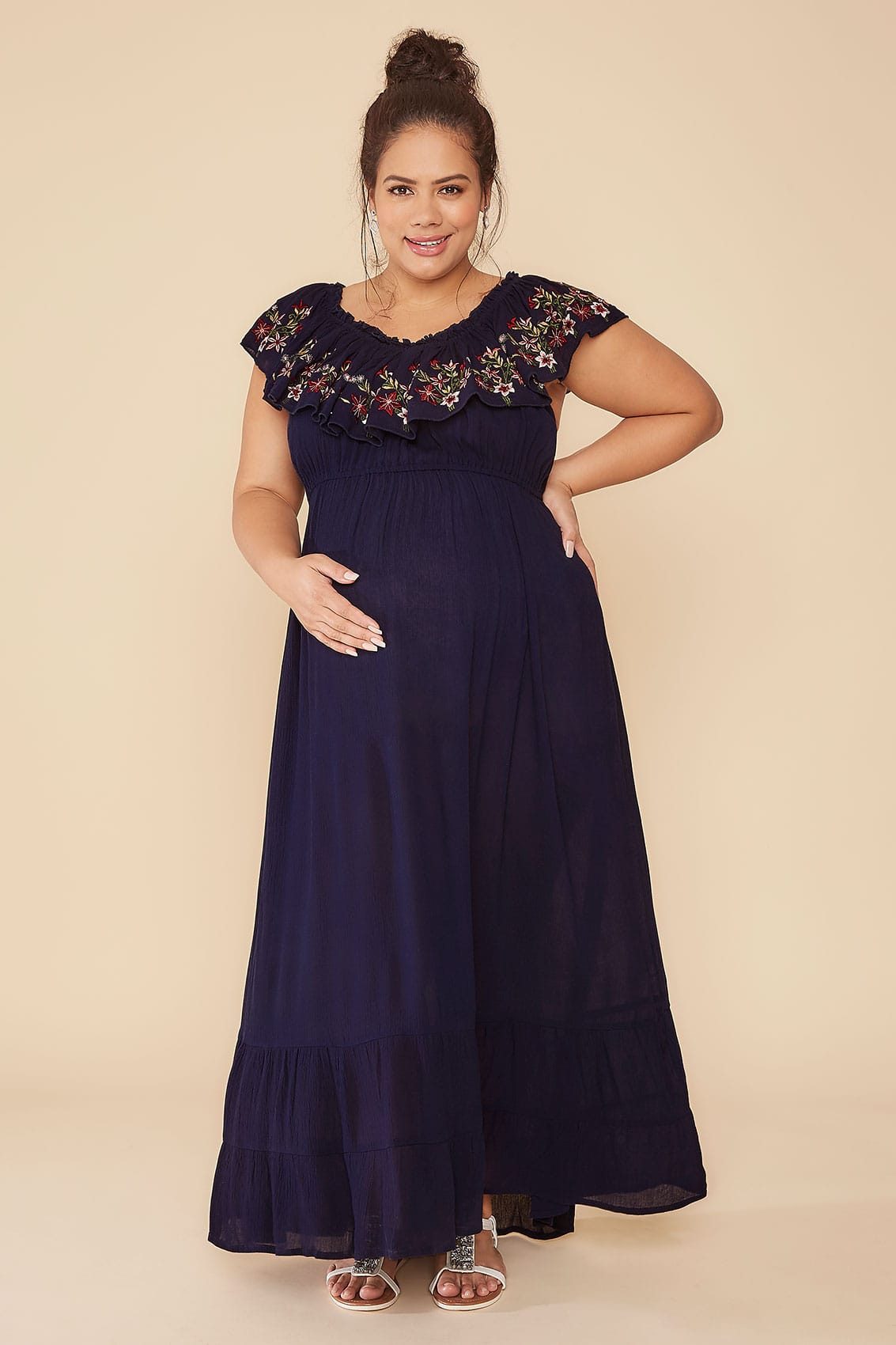 Bump It Up Maternity Navy Bardot Maxi Dress With -8530