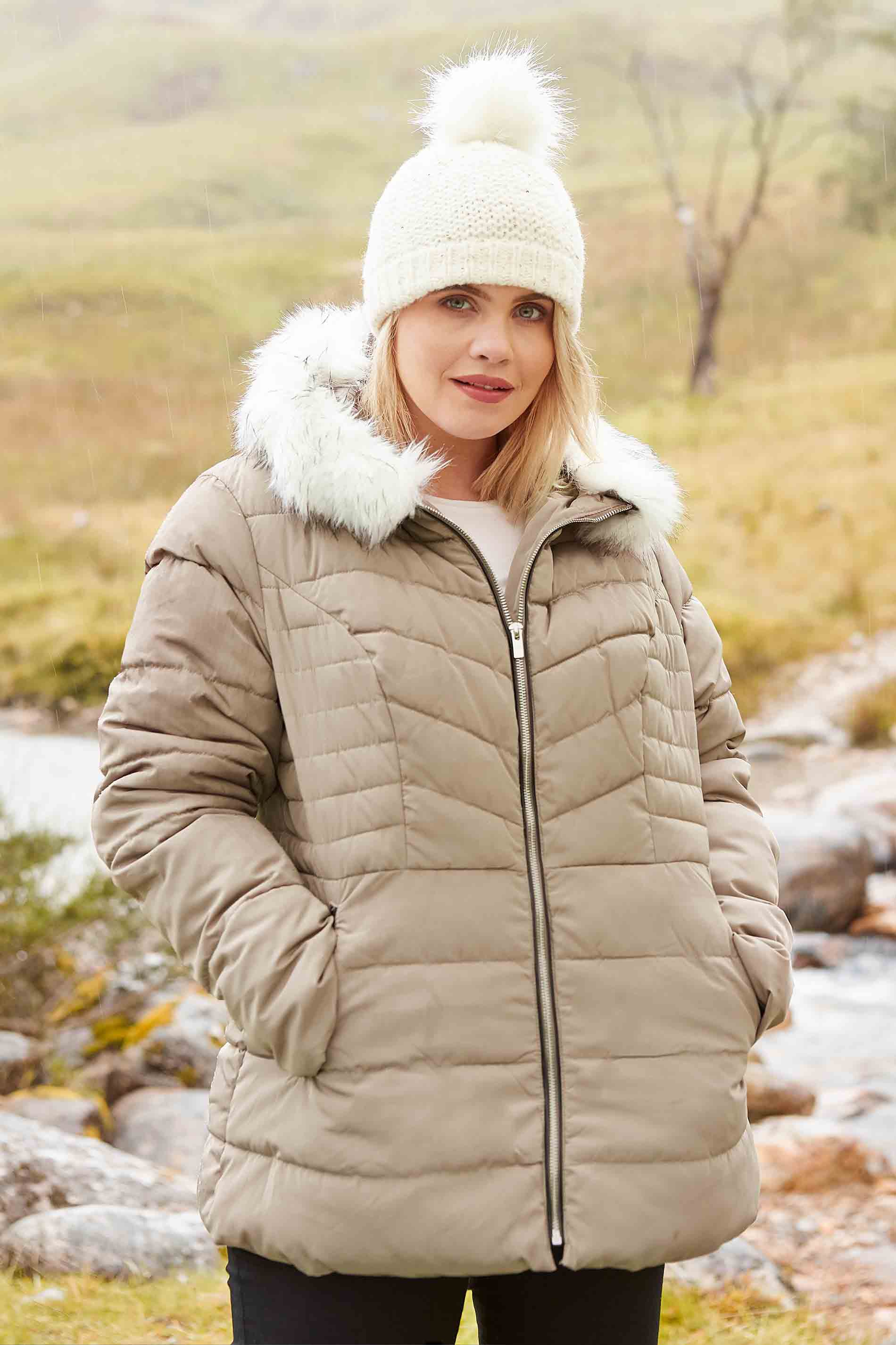 beige maxi puffer coat