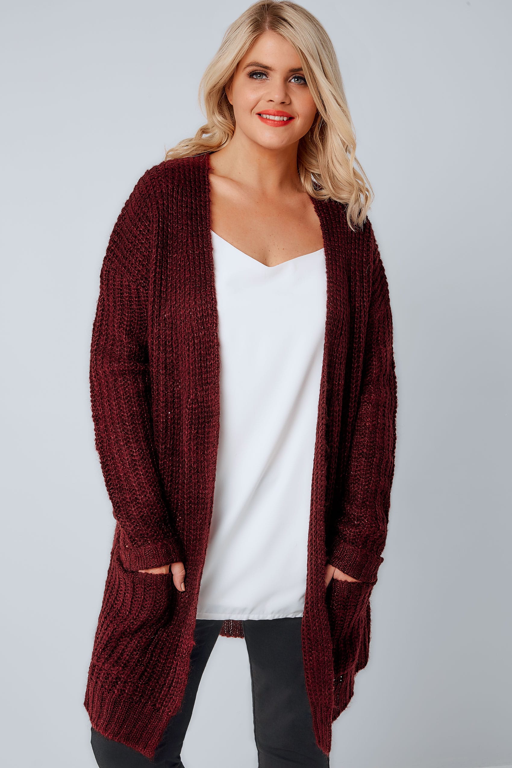 Berry Longline Chunky Knit Cardigan With Pockets, Plus size 16 to 36