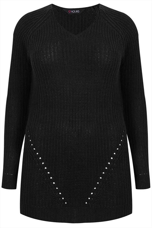 Black Longline Knitted V Neck Jumper Plus Size 16 To 36 0110