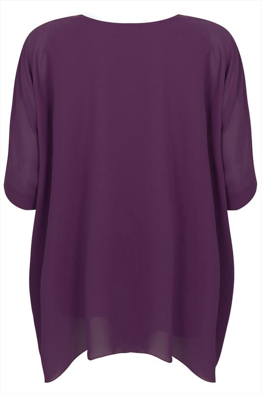 Purple Batwing Sleeve Chiffon Top With Necklace Plus Size 14 to 32