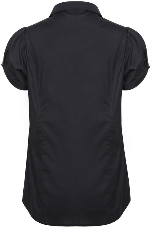 Black Plain Cotton Work Shirt With Ruching Detail Plus Size 16 to 32