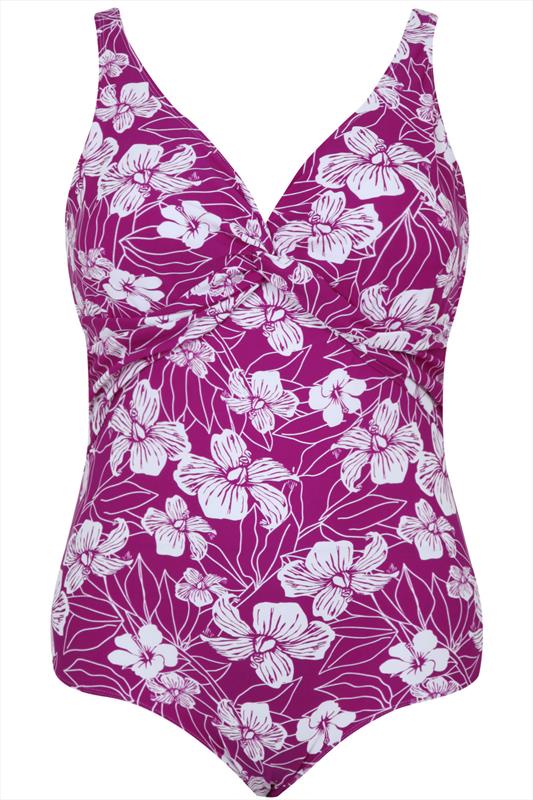Purple Floral Print Twist Swimsuit With TUMMY CONTROL plus sizes 14,16 ...