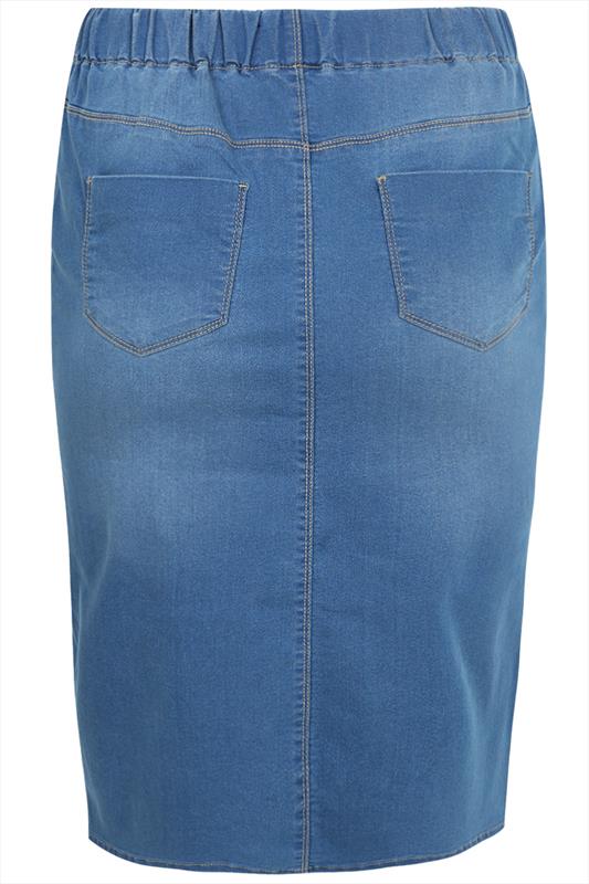 Mid Blue Denim Pull On Midi Pencil Skirt plus Size 16 to 28