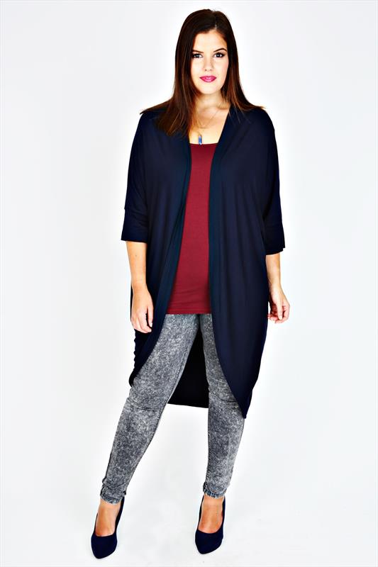 Navy Longline Cocoon Cardigan With 3/4 Sleeves Plus Size 16 to 30
