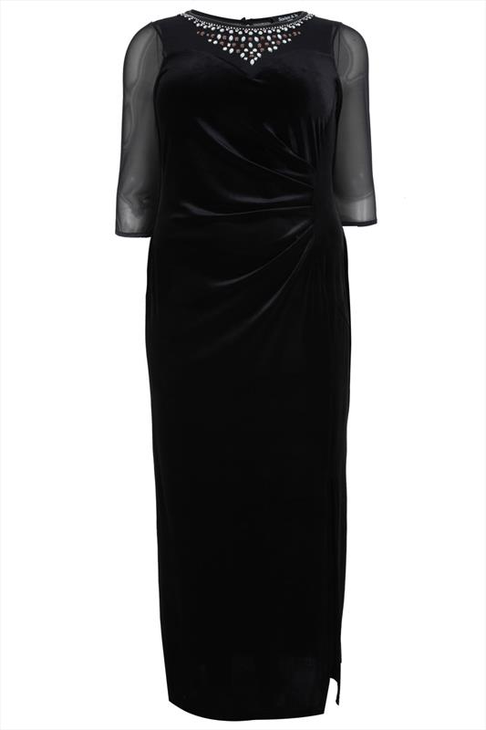 SCARLETT & JO Black Velvet Maxi Dress With Jewell Detail plus Size 14 to 32