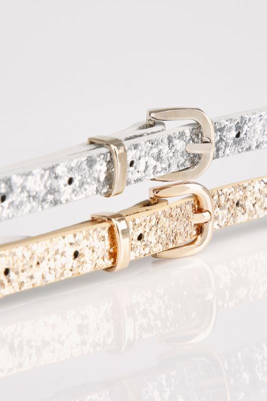 2 Pack Silver And Gold Glitter Skinny Belts