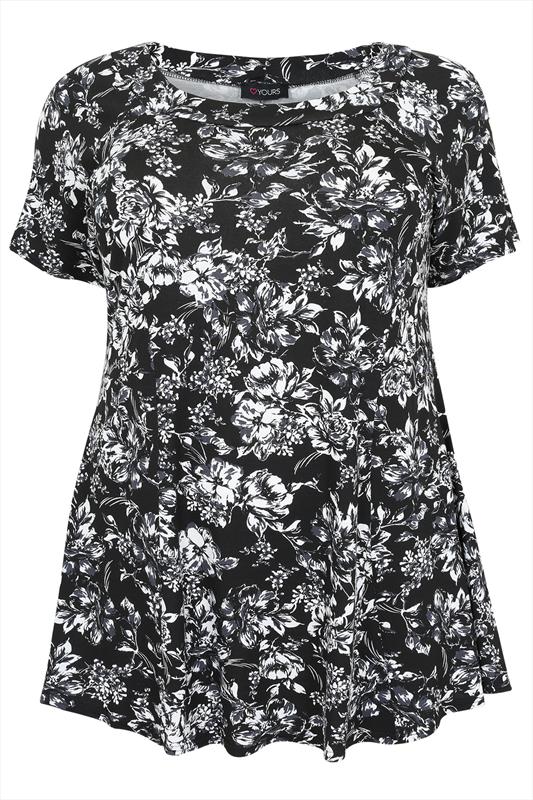 Black & White Floral Print Top With Short Sleeves Plus Size 16,18,20,22 ...
