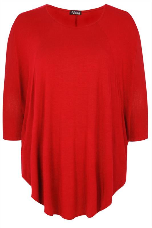 Red Panelled Longline Jersey Top With Curved Hem Plus Size 14,16,18,20 