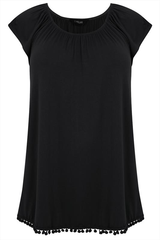 Black Short Sleeve Gypsy Top With Pom Pom Trim Plus size 16,18,20,22,24 ...