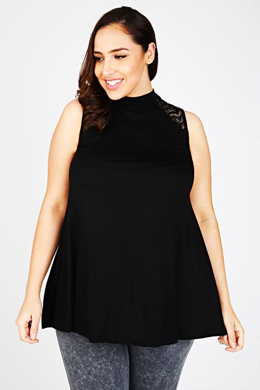 Black High Neck Sleeveless Swing Top With Lace Inserts plus size 16,18 ...