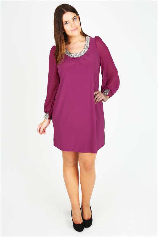 Magenta Chiffon Sleeved Dress With Silver Bead Embellishment plus Size ...