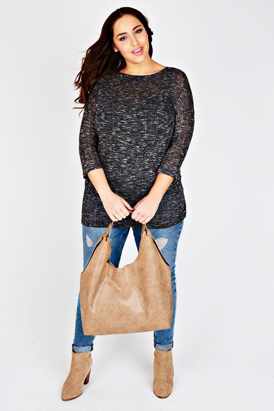 Black & Grey Textured Fine Knit Slouch Top With 3/4 Sleeves Plus Size ...