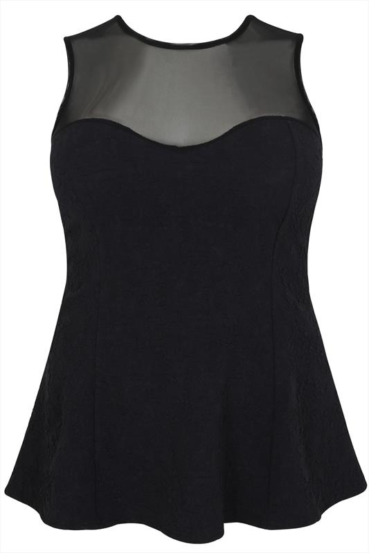 Black Panelled Peplum Sleeveless Top With Mesh Detail Plus Size 16 to 28