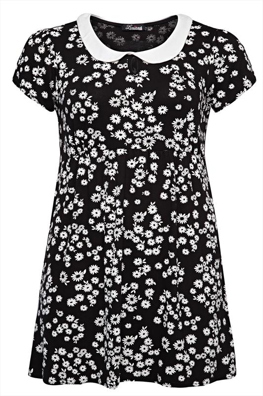 Black & White Daisy Print Jersey Dress With Peter Pan Collar plus size ...